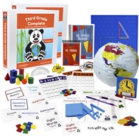 The Third Grade Complete Deluxe Bundle includes the teacher's manuals with a secular worldview,, student workbooks, flashcards, spelling squares, bingo games, pattern blocks, globe, clock, dice, geoboard, geosolids, square tiles, memory games, charts