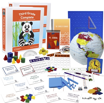 The Third Grade Complete Deluxe Bundle includes the teacher's manuals with a secular worldview,, student workbooks, flashcards, spelling squares, bingo games, pattern blocks, globe, clock, dice, geoboard, geosolids, square tiles, memory games, charts