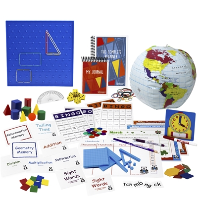 The Third Grade Complete resources are a valuable teaching tool: flashcards, spelling squares, bingo games, pattern blocks, globe, clock, dice, geoboard, geosolids, square tiles, memory games,  charts, base ten counting pieces, planner