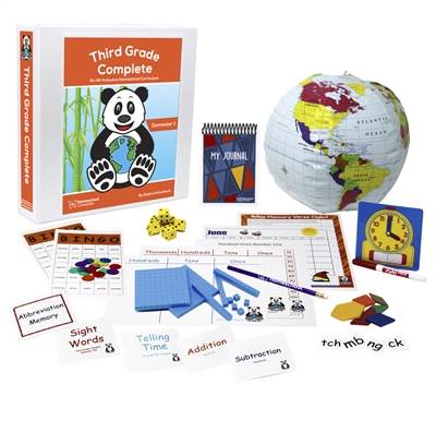 Third Grade Semester One Bundle includes the teacher's manual and resources to  make learning fun. Use the flashcards, spelling squares, bingo game, pattern blocks, globe, clock, dice, and a memory game to help teach your child.