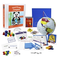 The Third Grade Complete Semester Two Bundle includes the teacher's manual, student workbook pages, flashcards, spelling squares, bingo game, pattern blocks, globe, geoboard, geosolids, dice, square tiles, memory game, charts,  calendar, and planner.