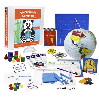 The Third Grade Complete Semester Two Bundle includes the teacher's manual, student workbook pages, flashcards, spelling squares, bingo game, pattern blocks, globe, geoboard, geosolids, dice, square tiles, memory game, charts,  calendar, and planner.