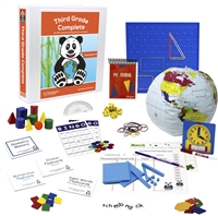 The Third Grade Complete Semester Two Secular Bundle includes the teacher's manual, student workbook pages, flashcards, spelling squares, bingo game, pattern blocks, globe, geoboard, geosolids, dice, square tiles, memory game, charts, calendar, planner