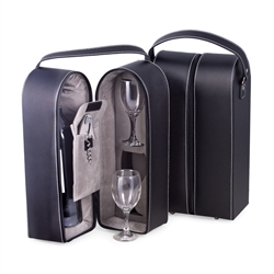 Black Leather Wine Caddy with 2 Glasses