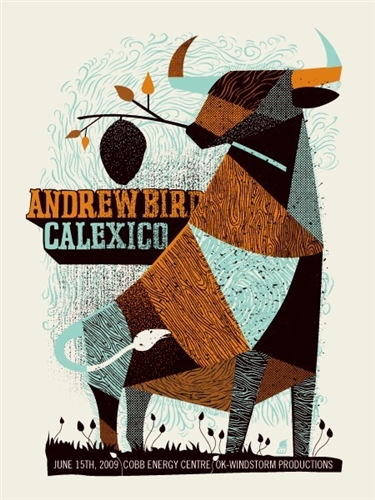 Andrew Bird and Calexico Concert Poster, June 15th 2009, Cobb Energy Centre, Atlanta, USA handmade silkscreen print by Methane Studios,