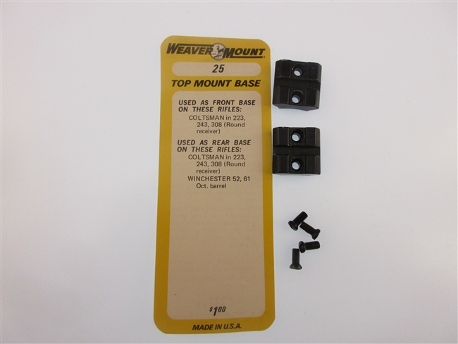 Weaver Top Mount Base #25
Front base for Coltsman .223, .243, .308 Round Receiver
Rear base for Coltsman .223, .243, .308, Winchester 52,61 Octgon