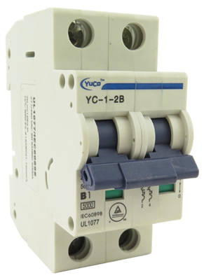 YuCo YC-1-2B MINIATURE DIN RAIL CIRCUIT BREAKER 2 POLE 1 Amp B CURVE 220/480v