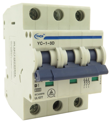 YuCo YC-1-3D MINIATURE DIN RAIL CIRCUIT BREAKER 3 POLE 1 Amp 220/480v D CURVE