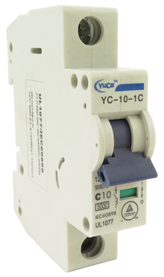 YuCo YC-10-1C MINIATURE DIN RAIL CIRCUIT BREAKER 1 POLE 10 Amp C CURVE 120/277v