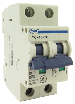 YuCo YC-10-2D MINIATURE DIN RAIL CIRCUIT BREAKER 2 POLE 10 Amp 220/480v D CURVE