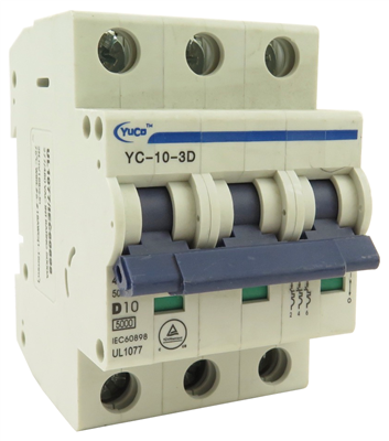 YuCo YC-10-3D MINIATURE DIN RAIL CIRCUIT BREAKER 3 POLE 10 Amp 220/480v D CURVE