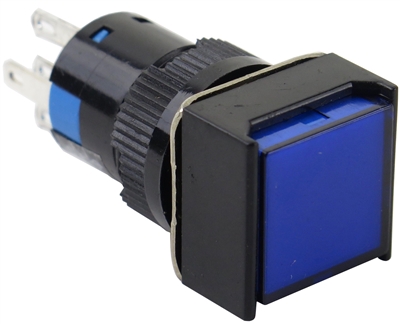 YuCo YC-16I-MAIN-FB-1 16mm Square Illuminated 5-Pin Push Button - Maintained - 24V AC/DC - Blue