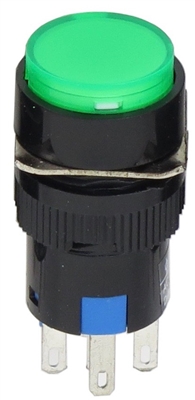 YuCo YC-16I-MAIN-YG-6 16mm Round Illuminated 5-Pin Push Button - Maintained - 12V AC/DC - Green