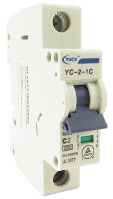 YuCo YC-2-1C MINIATURE DIN RAIL CIRCUIT BREAKER 1 POLE 2 Amp C CURVE 120/277v