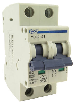 YuCo YC-2-2B MINIATURE DIN RAIL CIRCUIT BREAKER 2 POLE 2 Amp B CURVE 220/480v