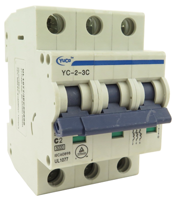 YuCo YC-2-3C MINIATURE DIN RAIL CIRCUIT BREAKER 3 POLE 2 Amp 220/480v C CURVE