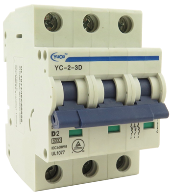 YuCo YC-2-3D MINIATURE DIN RAIL CIRCUIT BREAKER 3 POLE 2 Amp 220/480v D CURVE