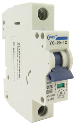 YuCo YC-20-1C MINIATURE DIN RAIL CIRCUIT BREAKER 1 POLE 20 Amp C CURVE 120/277v