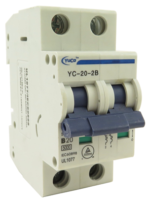 YuCo YC-20-2B MINIATURE DIN RAIL CIRCUIT BREAKER 2 POLE 20 Amp B CURVE 220/480v