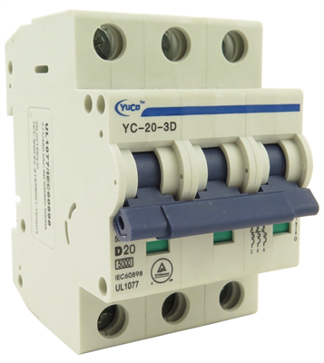 YuCo YC-20-3D MINIATURE DIN RAIL CIRCUIT BREAKER 3 POLE 20 Amp 220/480v D CURVE