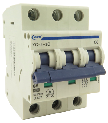 YuCo YC-5-3C MINIATURE DIN RAIL CIRCUIT BREAKER 3 POLE 5 Amp 220/480v C CURVE