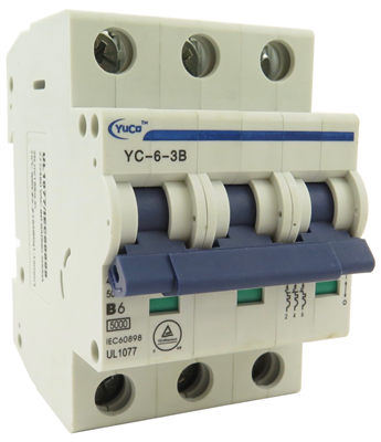 YuCo YC-6-3B MINIATURE DIN RAIL CIRCUIT BREAKER 3 POLE 6 Amp B CURVE 220/480v