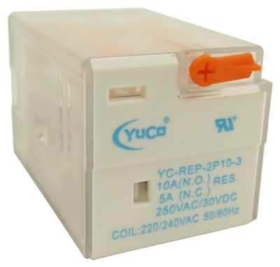 YuCo YC-REP-2P10-3 ICE CUBE GENERAL PURPOSE RELAY OCTAL BASE 8PIN 2PDT 10AMP 220/240VAC 50/60HZ  AC-COIL