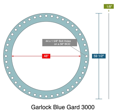 Garlock 3000 Full Face - 150 Lb - 1/8" Thick - 48" ID x 59.5" OD (44) 1.625" Holes On 56" BC