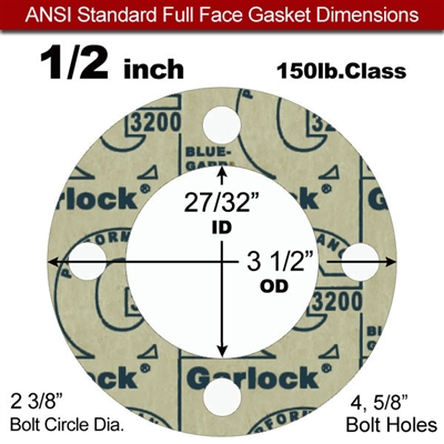 Garlock 3200 SBR Full Face Gasket - 150 Lb. - 1/16" Thick - 1/2" Pipe