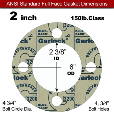 Garlock 3200 SBR Full Face Gasket - 150 Lb. - 1/16" Thick - 2" Pipe