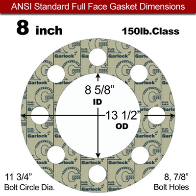 Garlock 3200 SBR Full Face Gasket - 150 Lb. - 1/16" Thick - 8" Pipe