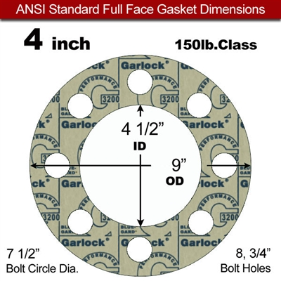 Garlock 3200 SBR Full Face Gasket - 150 Lb. - 1/8" Thick - 4" Pipe