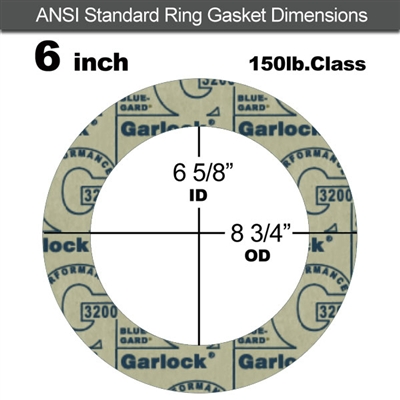 Garlock 3200 SBR Ring Gasket - 150 Lb. - 1/16" Thick - 6" Pipe