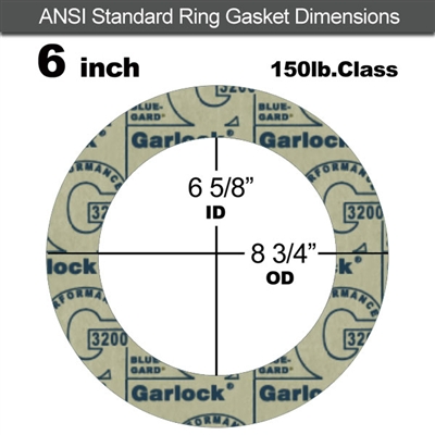 Garlock 3200 SBR Ring Gasket - 150 Lb. - 1/8" Thick - 6" Pipe