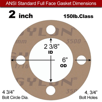 Garlock 3500 Fawn GylonÂ® Full Face Gasket - 150 Lb. - 1/16" Thick - 2" Pipe