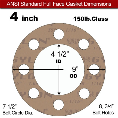 Garlock 3500 Fawn GylonÂ® Full Face Gasket - 150 Lb. - 1/16" Thick - 4" Pipe