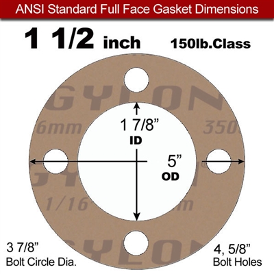 Garlock 3500 Fawn GylonÂ® Full Face Gasket - 150 Lb. - 1/8" Thick - 1-1/2" Pipe