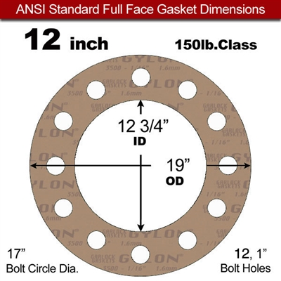 Garlock 3500 Fawn GylonÂ® Full Face Gasket - 150 Lb. - 1/8" Thick - 12" Pipe