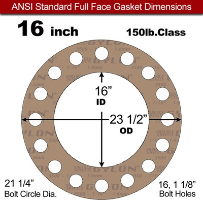 Garlock 3500 Fawn GylonÂ® Full Face Gasket - 150 Lb. - 1/8" Thick - 16" Pipe