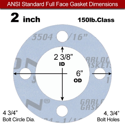 Garlock GylonÂ® 3504 Full Face Gasket - 150 Lb. - 1/16" Thick - 2" Pipe