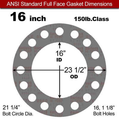 Garlock Style 9850 N/A NBR Full Face Gasket - 150 Lb. - 1/16" Thick - 16" Pipe