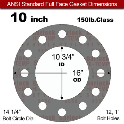 Garlock Style 9850 N/A NBR Full Face Gasket - 150 Lb. - 1/8" Thick - 10" Pipe