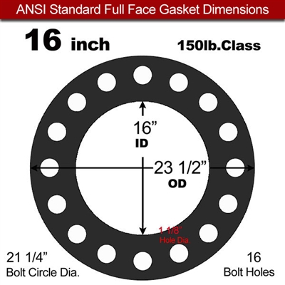 60 Duro Buna-N Full Face Gasket - 150 Lb. - 1/16" Thick - 16" Pipe