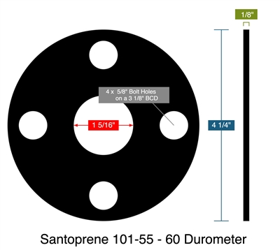 Santoprene 101-55 - 60 Durometer -  1/8" Thick - Full Face Gasket - 150 Lb. - 1"