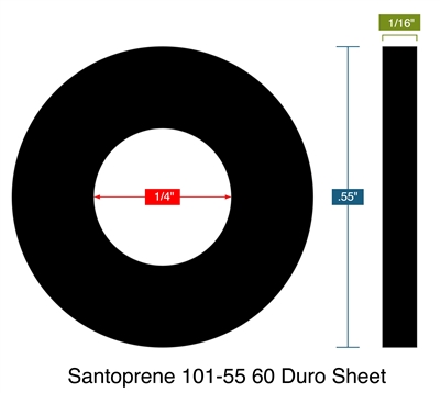 Santoprene 101-55 60 Duro Sheet - Ring Gasket - 0.06" Thick - .25" ID - .55" OD