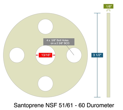 Santoprene NSF 51/61 - 60 Durometer - Full Face Gasket -  1/8" Thick - 0.8125" ID - 3.5" OD - 4 x 0.625" Holes on a 2.375" Bolt Circle Diameter