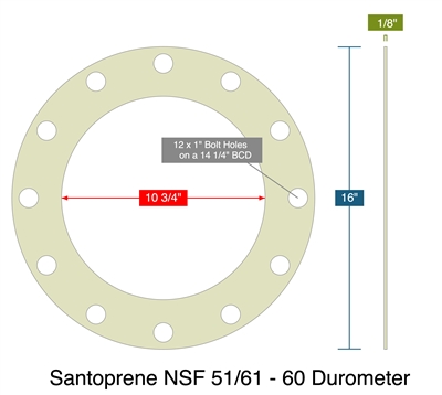 Santoprene NSF 51/61 - 60 Durometer - Full Face Gasket -  1/8" Thick - 10.75" ID - 16" OD - 12 x 1" Holes on a 14.25" Bolt Circle Diameter