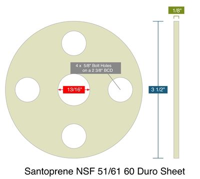 Santoprene NSF 51/61 60 Duro Sheet - Full Face Gasket -  1/8" Thick - 150 Lb - 0.5"