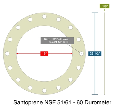 Santoprene NSF 51/61 - 60 Durometer - Full Face Gasket -  1/8" Thick - 16" ID - 23.5" OD - 16 x 1.125" Holes on a 21.25" Bolt Circle Diameter