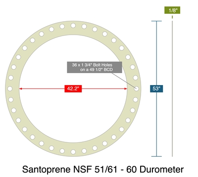 Santoprene NSF 51/61 - 60 Durometer - Full Face Gasket -  1/8" Thick - 42.2" ID - 53" OD - 36 x 1.75" Holes on a 49.5" Bolt Circle Diameter